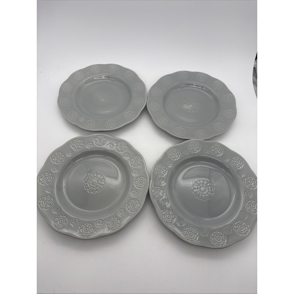 Wild Sage SANA MEDALLION Grey Floral Stoneware Set Of 4 Salad Plates 8"
